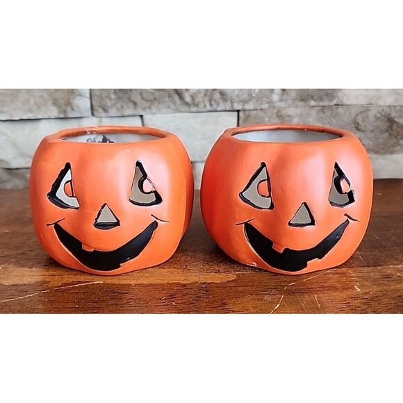 Hermitage Pottery Halloween Pumpkin / Jack O Lantern Votive Holder Set Of 2 - Picture 1 of 7
